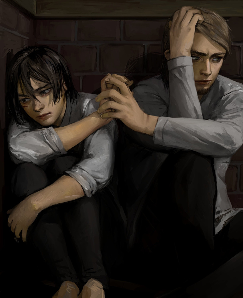 1boy, 1girl, beard, black_eyes, black_hair, brown_hair, closed_mouth, commentary
