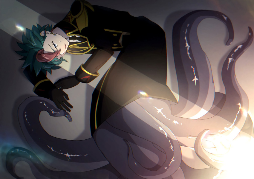 1boy, arm_behind_head, atltax_00, black_gloves, black_jacket, black_necktie, blue_eyes, colored_bangs