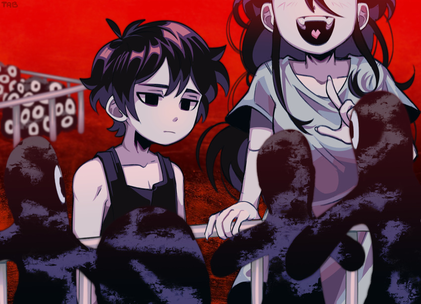 1boy, 1girl, absurdres, antenna_hair, arm_support, arms_at_sides, aubrey_(headspace)_(omori), aubrey_(omori)