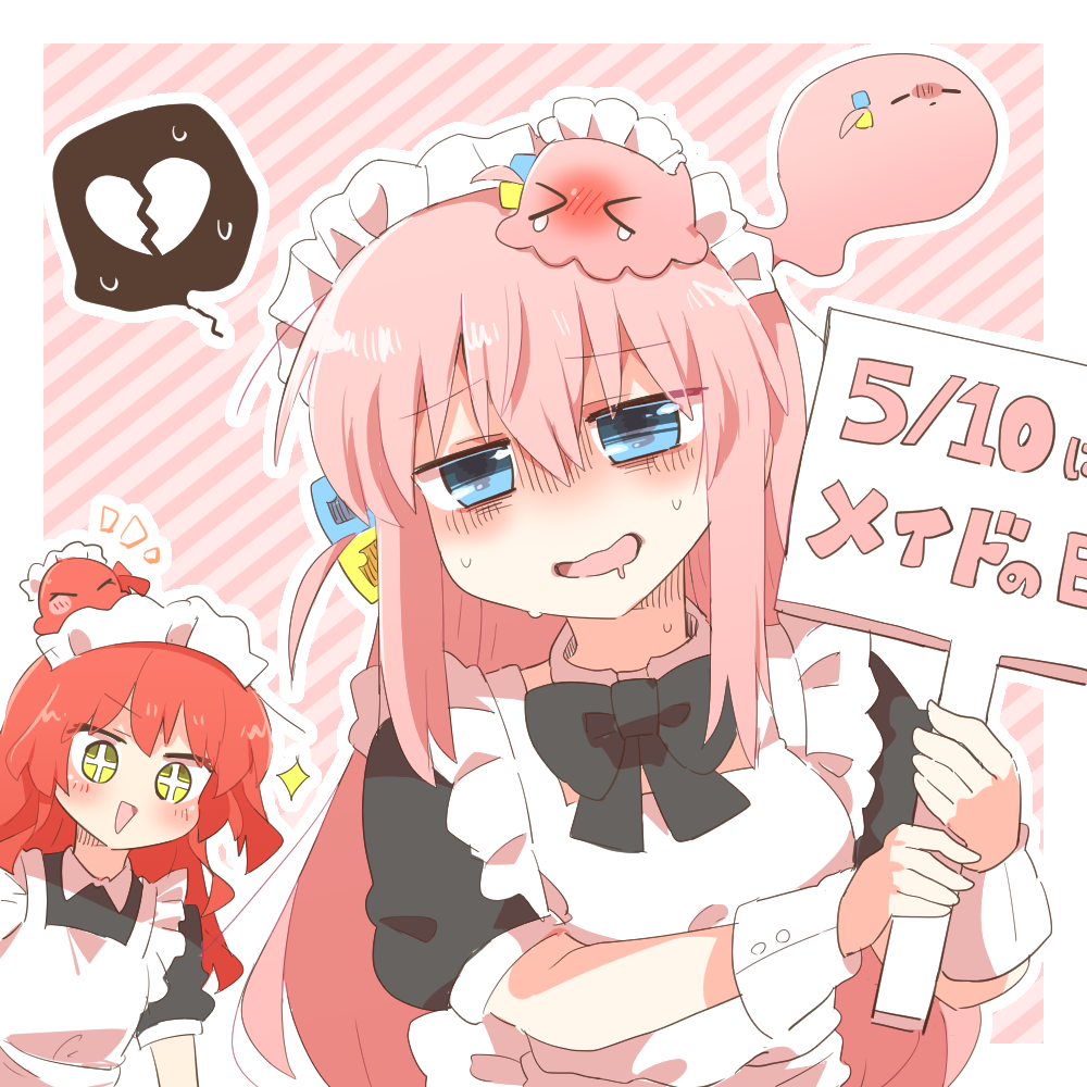 >_<, +_+, 2girls, :d, apron, black_bow, black_dress, blue_eyes