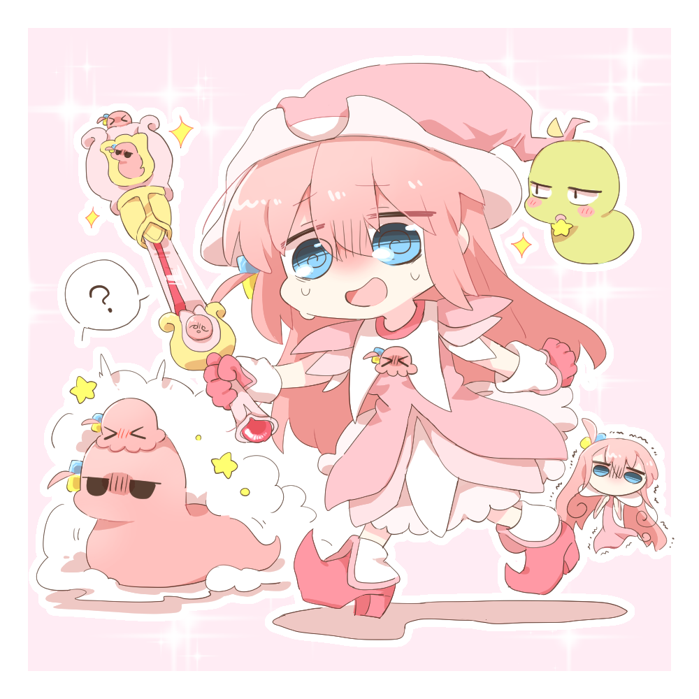 ?, @_@, blue_eyes, bocchi_the_rock!, chibi, cosplay, cube_hair_ornament, dress, gloves, gotoh_hitori, gotoh_hitori_(octopus), gotoh_hitori_(tsuchinoko), hair_between_eyes, hair_ornament, harukaze_doremi, harukaze_doremi_(cosplay), high_heels, holding, ijichi_nijika, ojamajo_doremi, one_side_up, pink_background, pink_dress, pink_footwear, pink_gloves, pink_hair, pointy_footwear, rebecca_(keinelove), shared_speech_bubble, sparkle, speech_bubble, spoken_question_mark, star_(symbol), sweat, turn_pale, walking