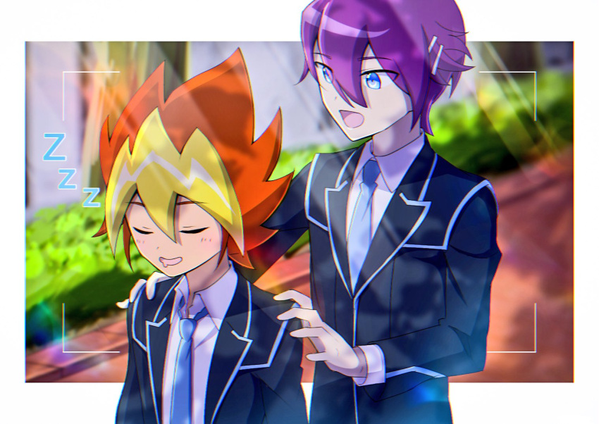 2boys, aged_up, atltax_00, behind_another, black_jacket, blue_eyes, blue_necktie, blush