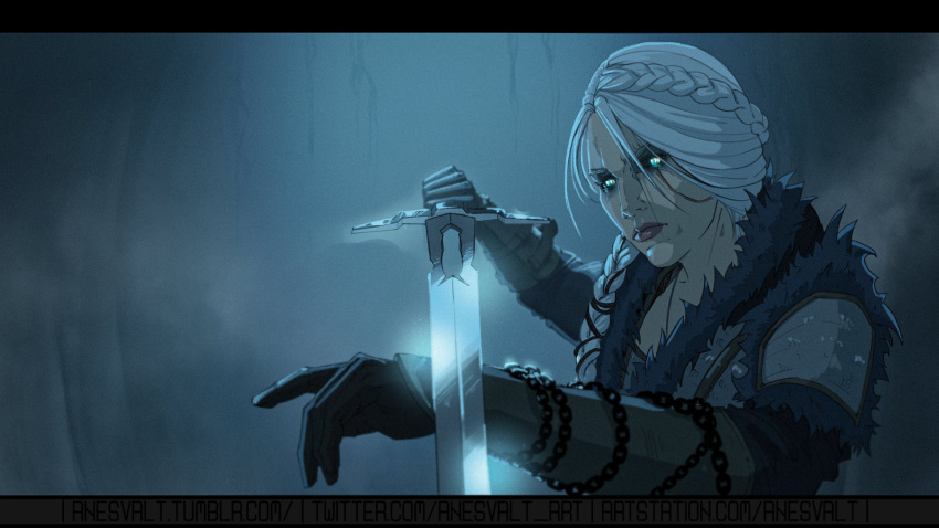 1girl, anesvalt_art, armor, black_gloves, black_sclera, braid, braided_ponytail, ciri, colored_sclera, gloves, green_eyes, highres, holding, holding_sword, holding_weapon, letterboxed, long_hair, scar, scar_on_cheek, scar_on_face, solo, sword, the_witcher_(series), the_witcher_4, upper_body, weapon, white_hair