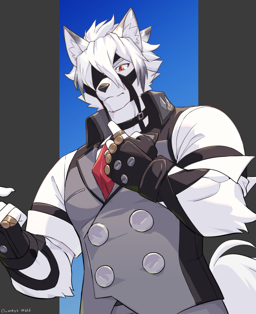 1boy, animal_ears, artist_name, bicep_strap, black_gloves, claws, closed_mouth, colored_tips, commentary_request, eyepatch, fingerless_gloves, furry, furry_male, gloves, grey_vest, highres, male_focus, multicolored_hair, one_eye_covered, oumaga_wald_(artist), red_eyes, shirt, tail, vest, von_lycaon, white_shirt, wolf_boy, wolf_ears, wolf_tail, zenless_zone_zero