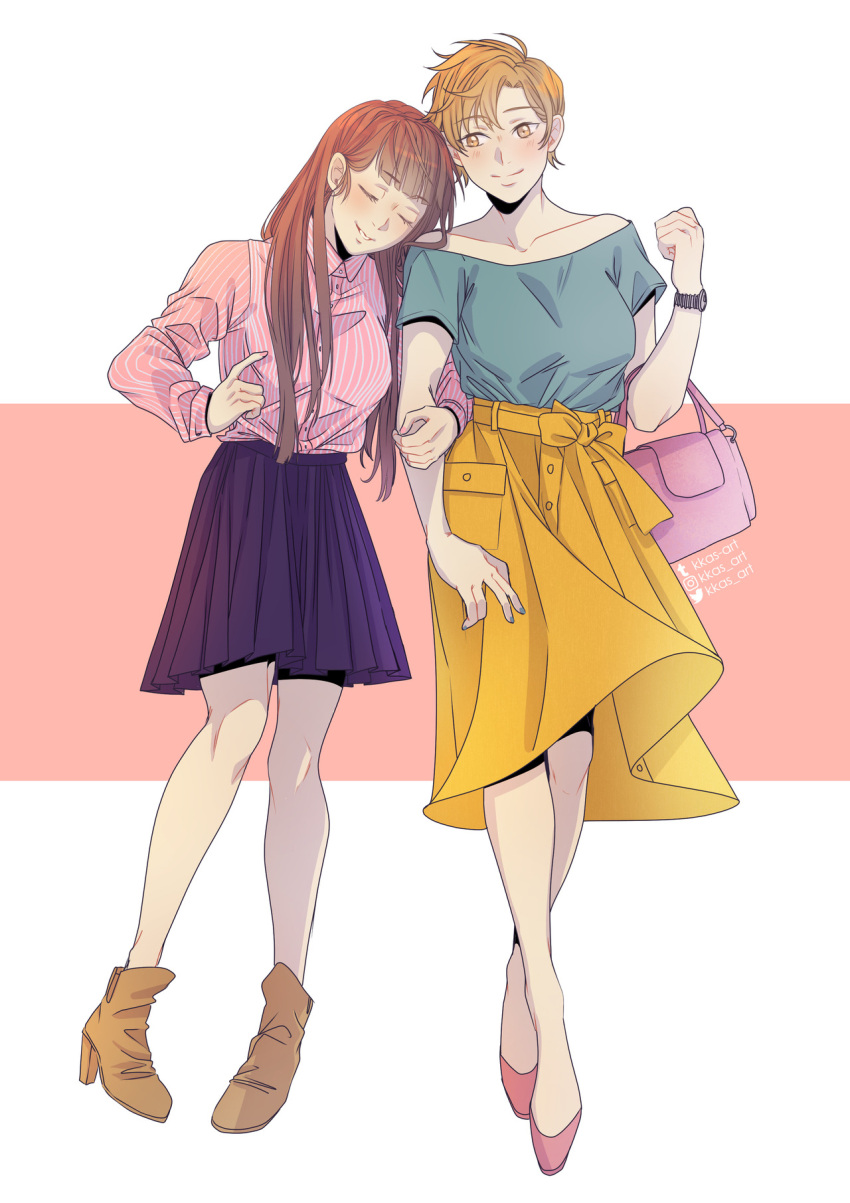 2girls, bag, bare_shoulders, blue_nails, blue_shirt, blue_skirt, blush, boots