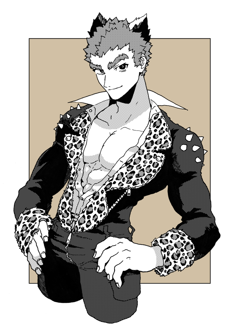 1boy, abs, animal_ears, animal_print, bare_pectorals, closed_mouth, collarbone, commentary_request