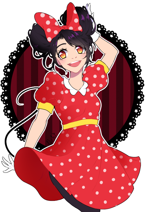 1girl, animal_ears, bow, disney, dress, gloves, hair_bow, humanization, looking_at_viewer, minnie_mouse, minnie_mouse_ears, mouse_ears, nikalav_art, open_mouth, pantyhose, personification, polka_dot, polka_dot_bow, polka_dot_dress, short_hair, smile, solo, white_gloves