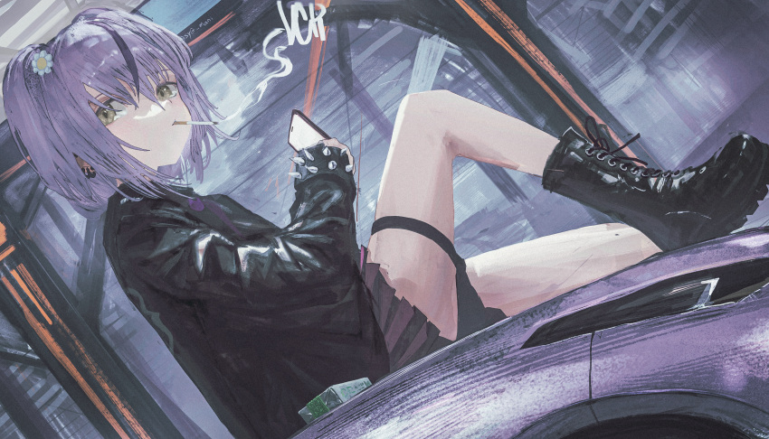 1girl, absurdres, alternate_costume, alternate_hairstyle, ankle_boots, black_footwear, black_jacket, black_streaks