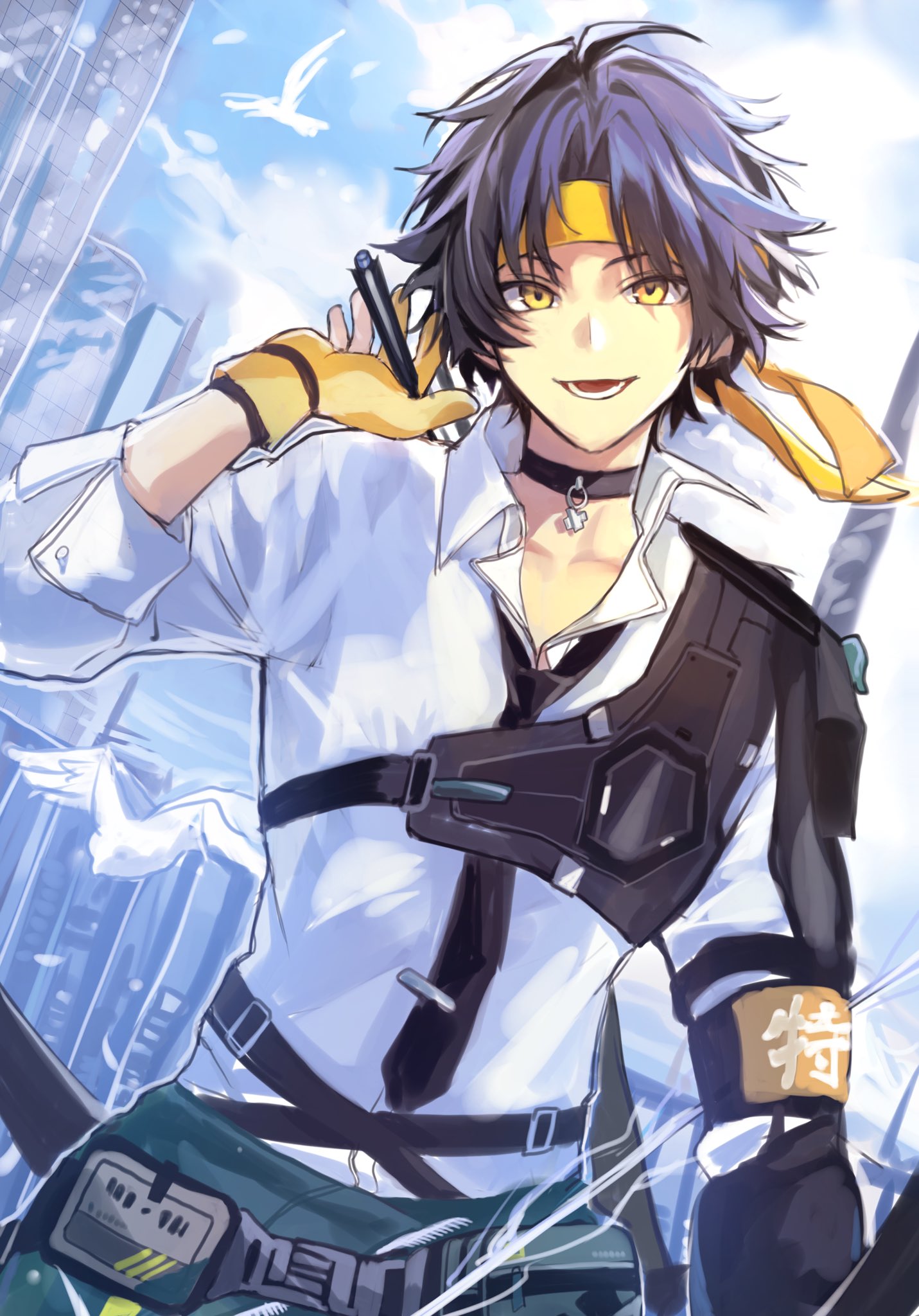 1758rainn, 1boy, asaba_harumasa, bird, black_choker, black_hair, black_necktie, building, choker, clothes_around_waist, clouds, collared_shirt, commentary_request, day, gloves, headband, highres, looking_at_viewer, male_focus, necktie, open_mouth, outdoors, partially_fingerless_gloves, shirt, sky, solo, white_shirt, yellow_eyes, yellow_gloves, yellow_headband, zenless_zone_zero