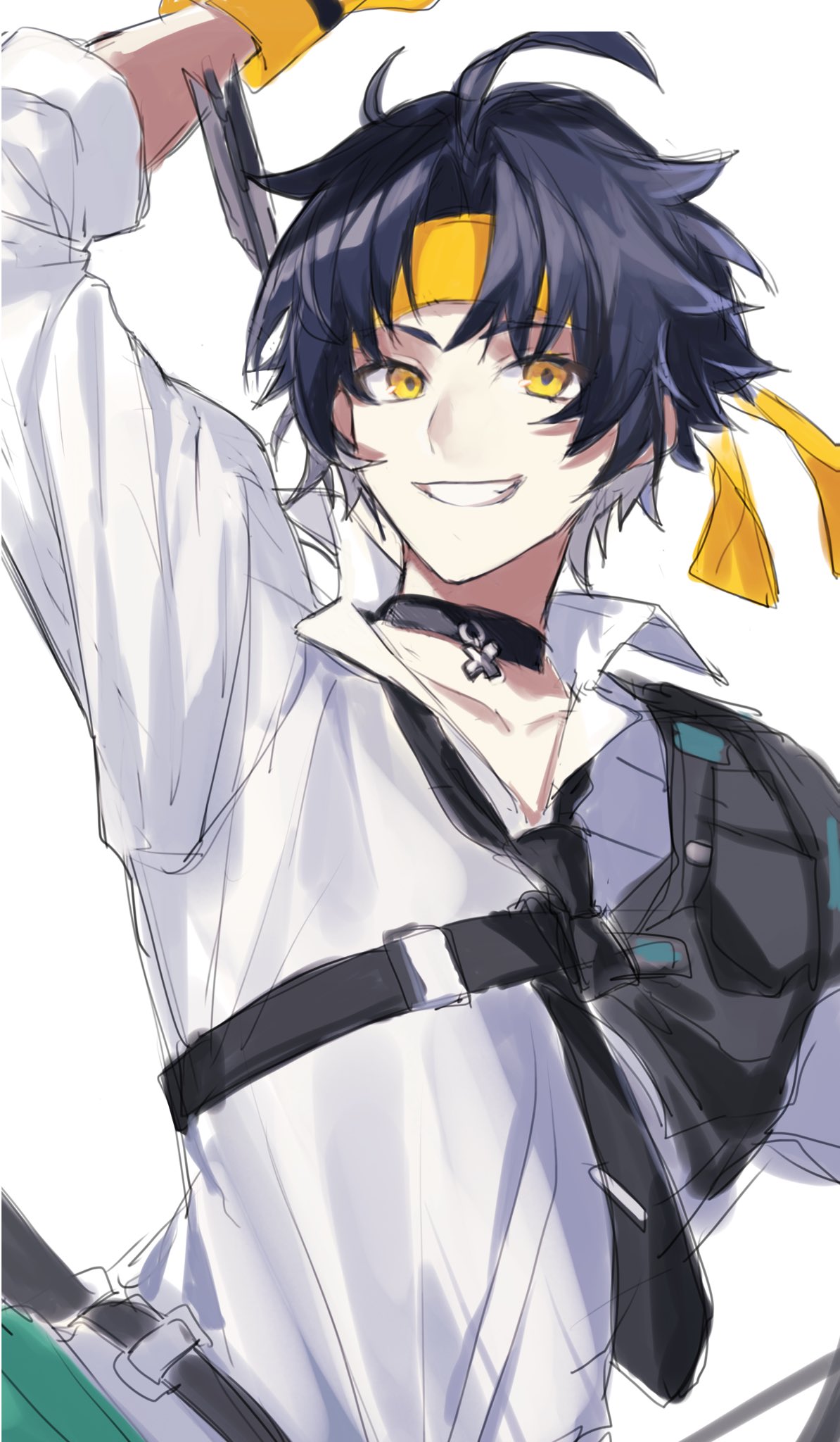 1758rainn, 1boy, arm_up, arrow_(projectile), asaba_harumasa, black_choker, black_hair, black_necktie, choker, collared_shirt, commentary_request, gloves, grin, headband, highres, looking_at_viewer, male_focus, necktie, shirt, simple_background, smile, solo, upper_body, white_background, white_shirt, yellow_eyes, yellow_gloves, yellow_headband, zenless_zone_zero