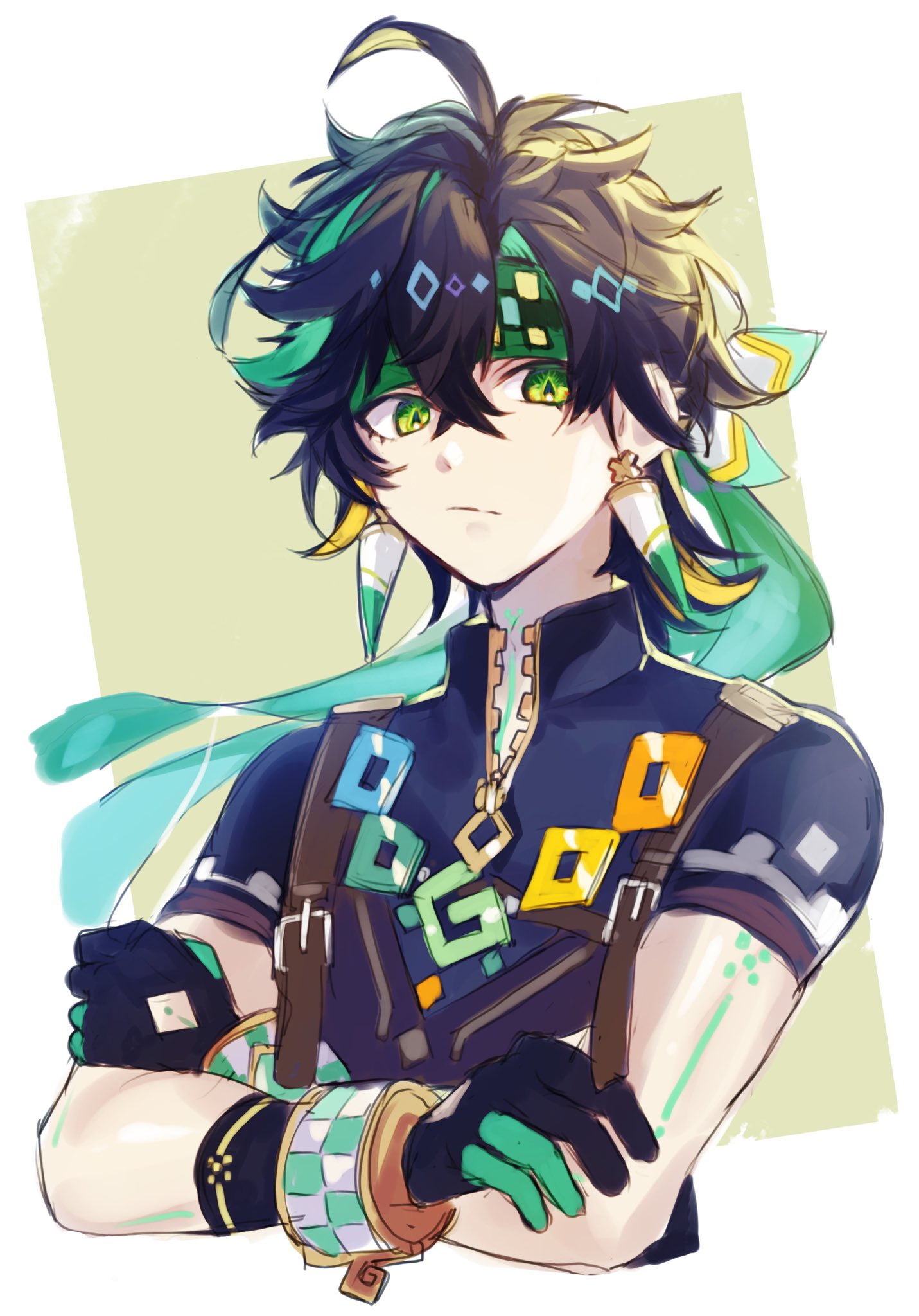 1758rainn, 1boy, black_gloves, black_hair, commentary_request, crossed_bangs, earrings, genshin_impact