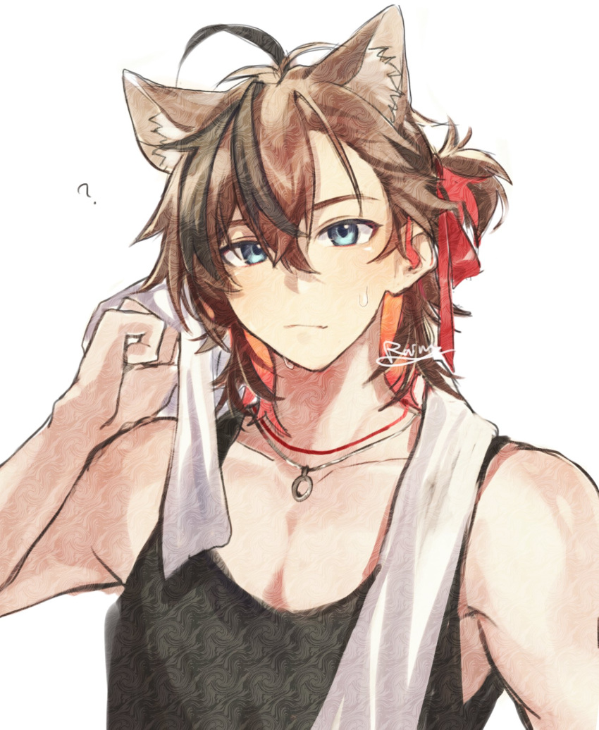 1758rainn, 1boy, ?, animal_ears, arknights, black_hair, black_tank_top, blue_eyes, brown_hair, cat_boy, cat_ears, closed_mouth, hair_ribbon, highres, jewelry, looking_at_viewer, male_focus, multicolored_hair, necklace, red_ribbon, ribbon, signature, simple_background, solo, stainless_(arknights), streaked_hair, sweat, tank_top, towel, towel_around_neck, upper_body, white_background