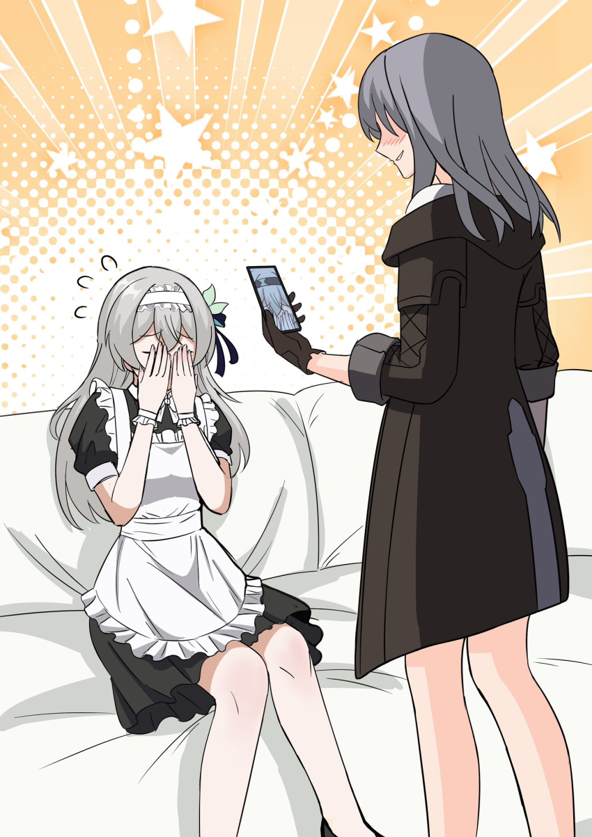 apron, blush, cellphone, covering_face, firefly_(honkai:_star_rail), hair_between_eyes, hair_intakes, hair_ornament, hair_ribbon, hairband, highres, honkai:_star_rail, honkai_(series), hsrmangakichi, maid_apron, maid_headdress, phone, ribbon, smartphone, stelle_(honkai:_star_rail), taking_picture, trailblazer_(honkai:_star_rail)