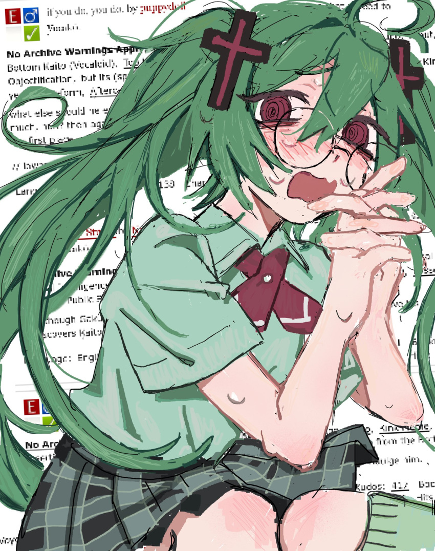 1girl, @_@, ahoge, archive_of_our_own, blush, collared_shirt, commentary, confessions_of_a_rotten_girl_(vocaloid)