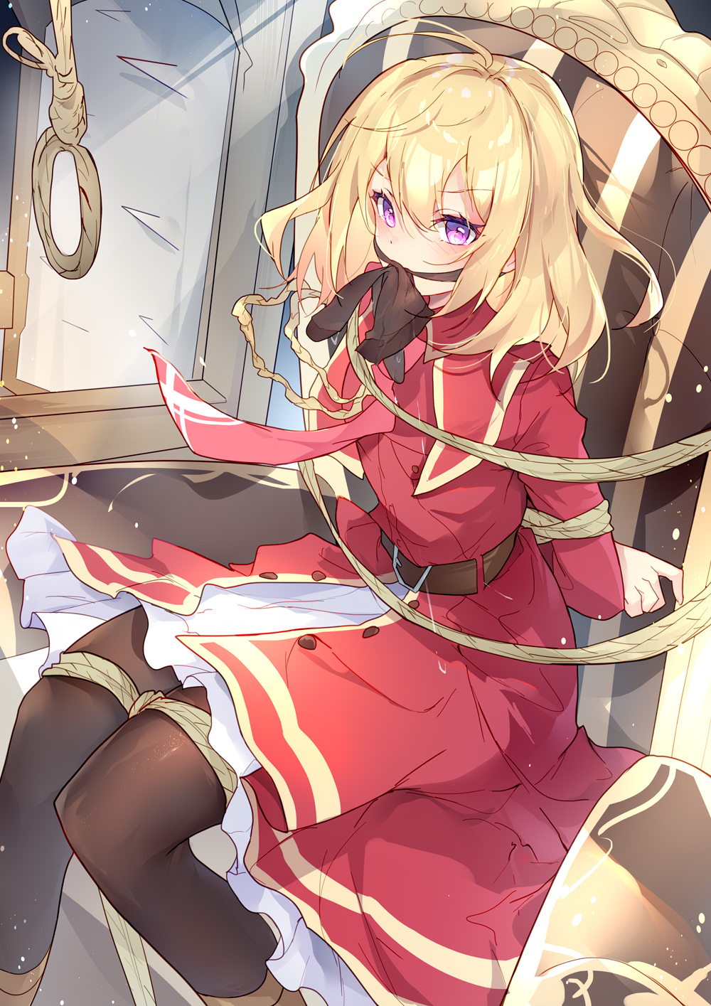 1girl, ahoge, belt, belt_skirt, black_pantyhose, blonde_hair, blush, bound