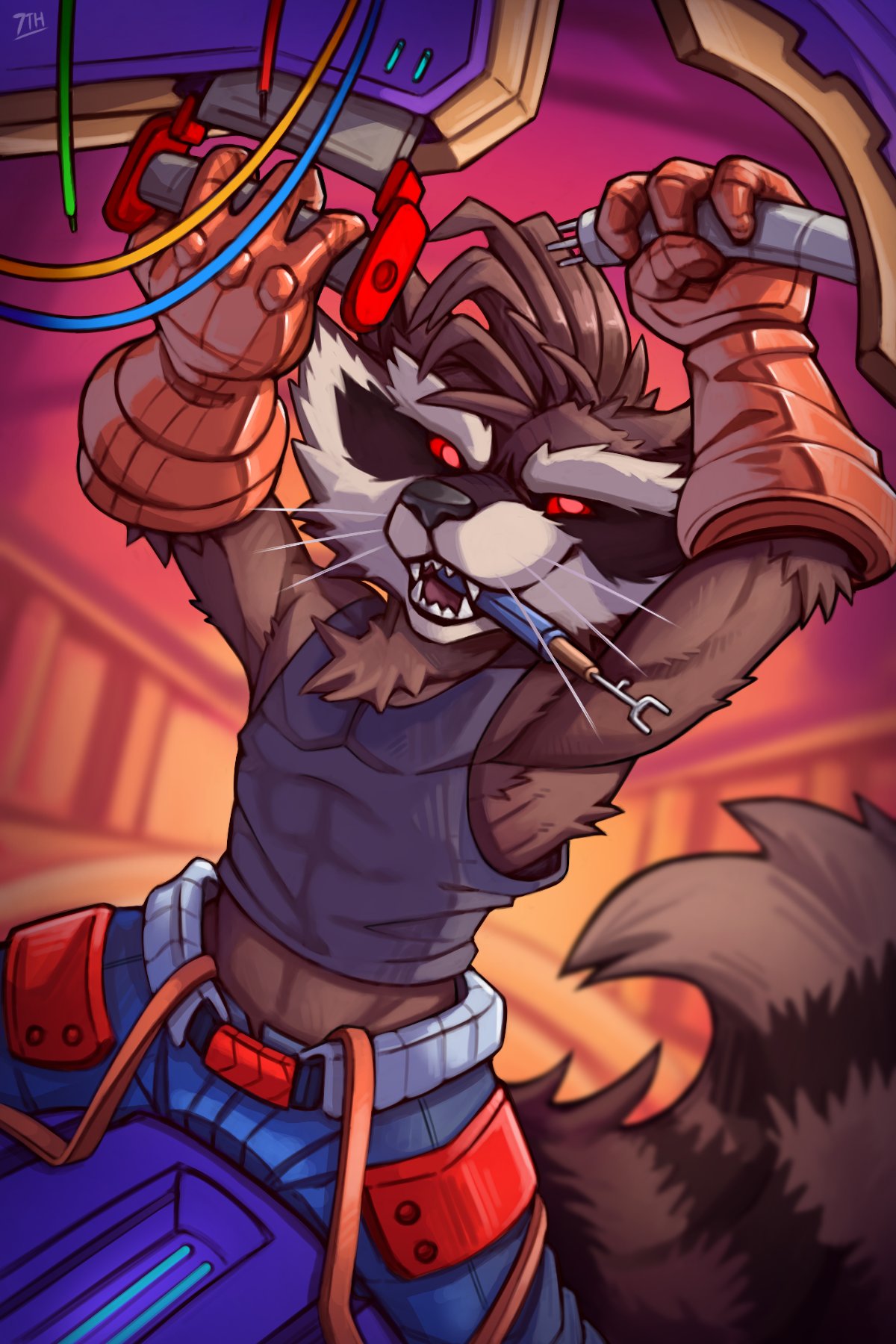 1boy, 7th_art_forge, abs, animal_ears, arms_up, artist_name, blue_pants, clothes_lift