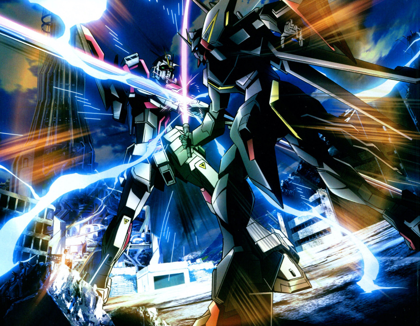 absurdres, anti-ship_sword, artist_request, battle, battle_damage, city, collateral_damage, damaged, debris, energy_sword, fighting_stance, gaia_gundam, gundam, gundam_perfect_file, gundam_seed, gundam_seed_destiny, highres, holding, holding_anti-ship_sword, holding_beam_saber, holding_sword, holding_weapon, impulse_gundam, lightning, mecha, mobile_suit, no_humans, official_art, robot, rubble, space_habitat, sword, sword_impulse_gundam, v-fin, weapon, wreckage