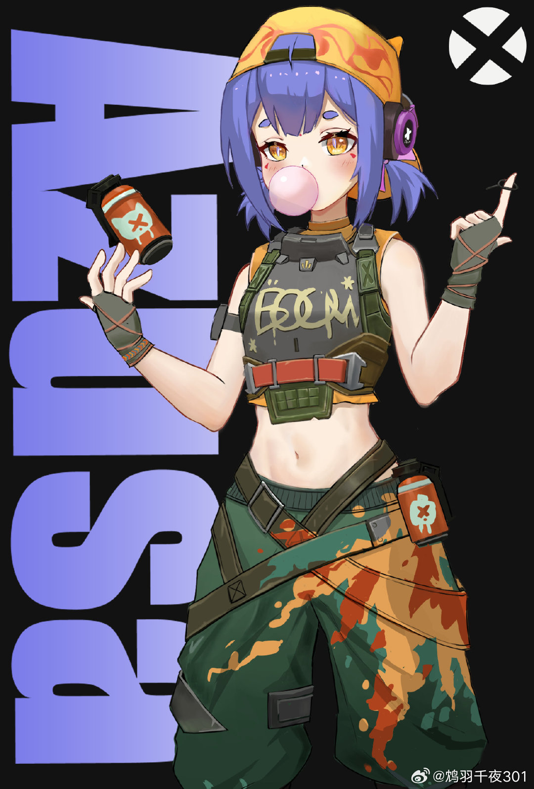 1girl, azusa_(vtuber), azusa_official, backwards_hat, belt, black_gloves, blowing_bubbles, blue_hair