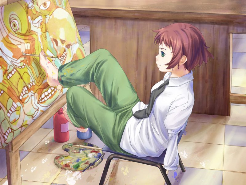 1girl, amputee, armless_amputee, artist_request, barefoot, black_necktie, canvas_(object), chair