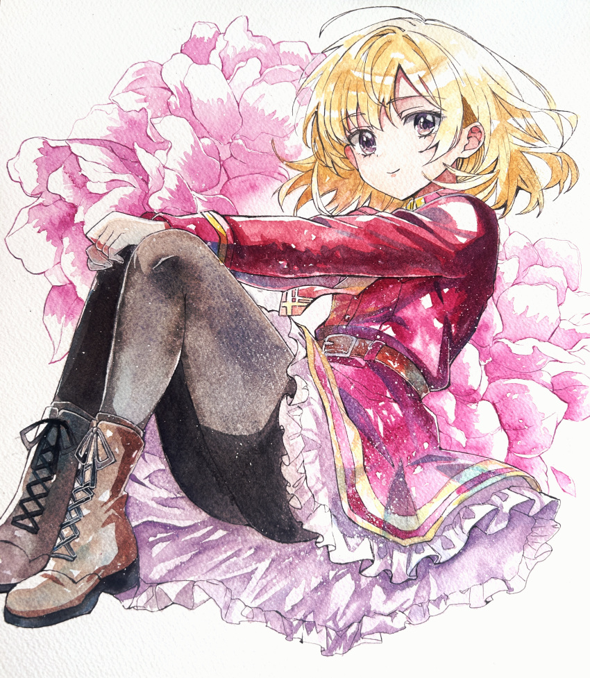 1girl, absurdres, ahoge, belt, belt_skirt, black_pantyhose, blonde_hair, boots