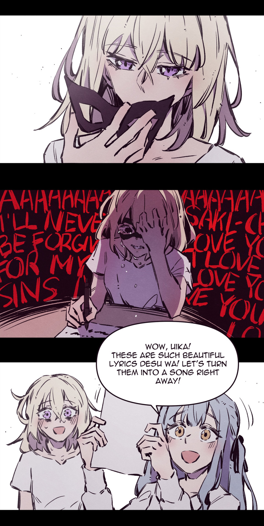 2girls, absurdres, bang_dream!, bang_dream!_it's_mygo!!!!!, black_mask, blonde_hair, blue_hair, blush