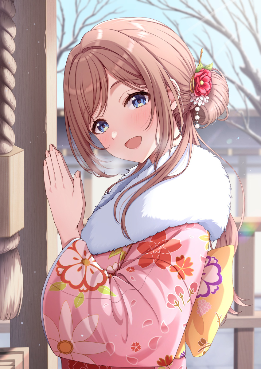 1girl, absurdres, bare_tree, blue_eyes, blush, commentary_request, fingernails, floral_print