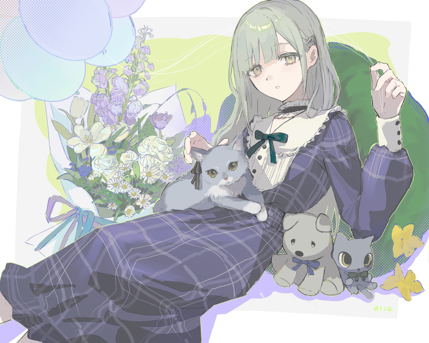 1girl, animalization, bang_dream!, bang_dream!_it's_mygo!!!!!, black_choker, blue_dress, bouquet, cat