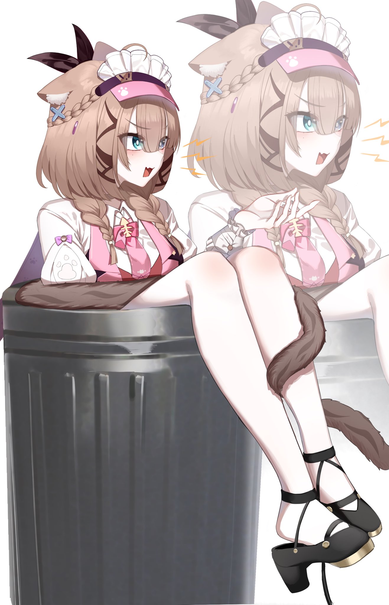 1girl, animal_ears, black_footwear, blue_eyes, braid, brown_hair, cat_ears, cat_girl