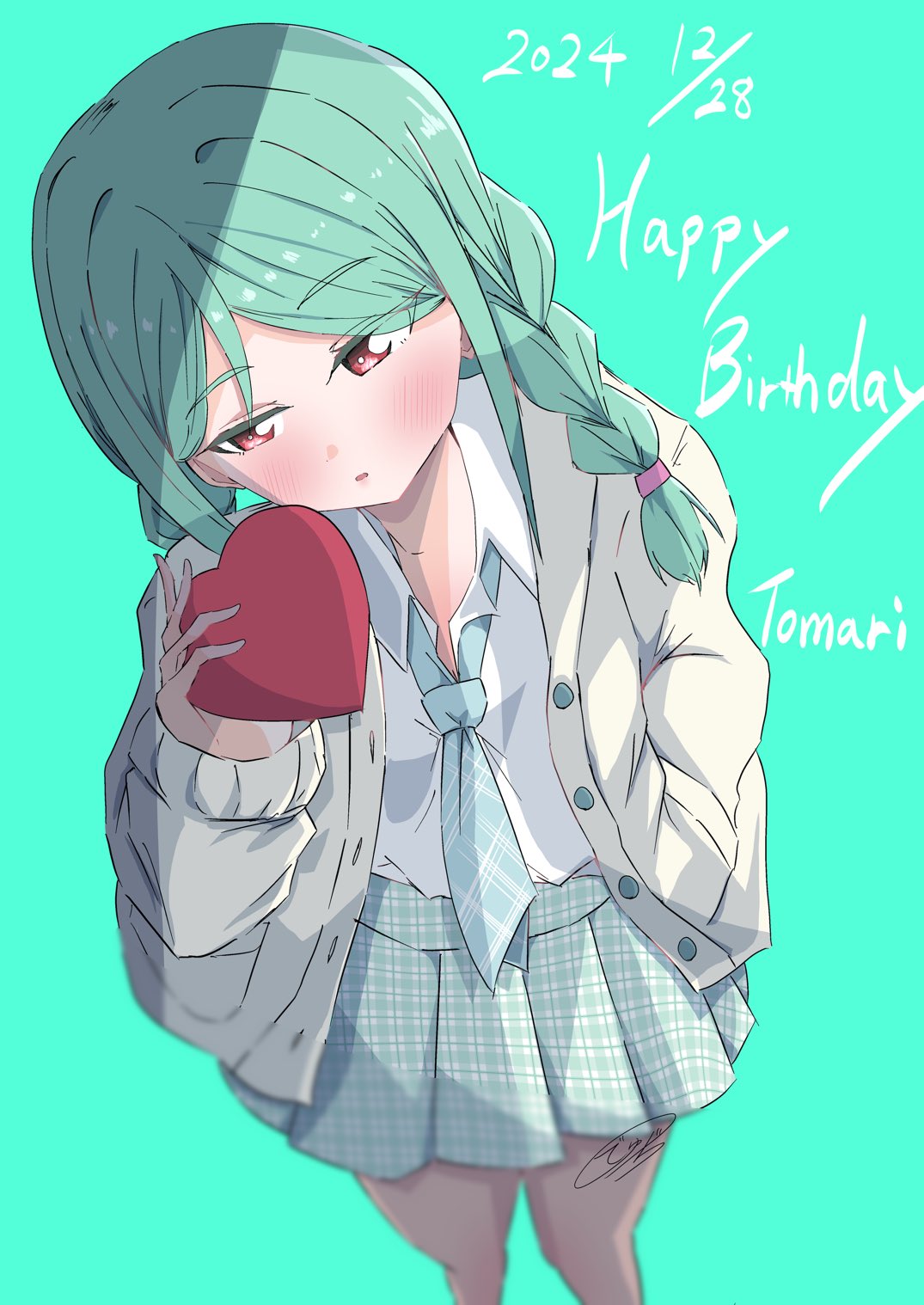 1girl, aqua_hair, black_pantyhose, blue_necktie, blush, braid, cardigan, character_name