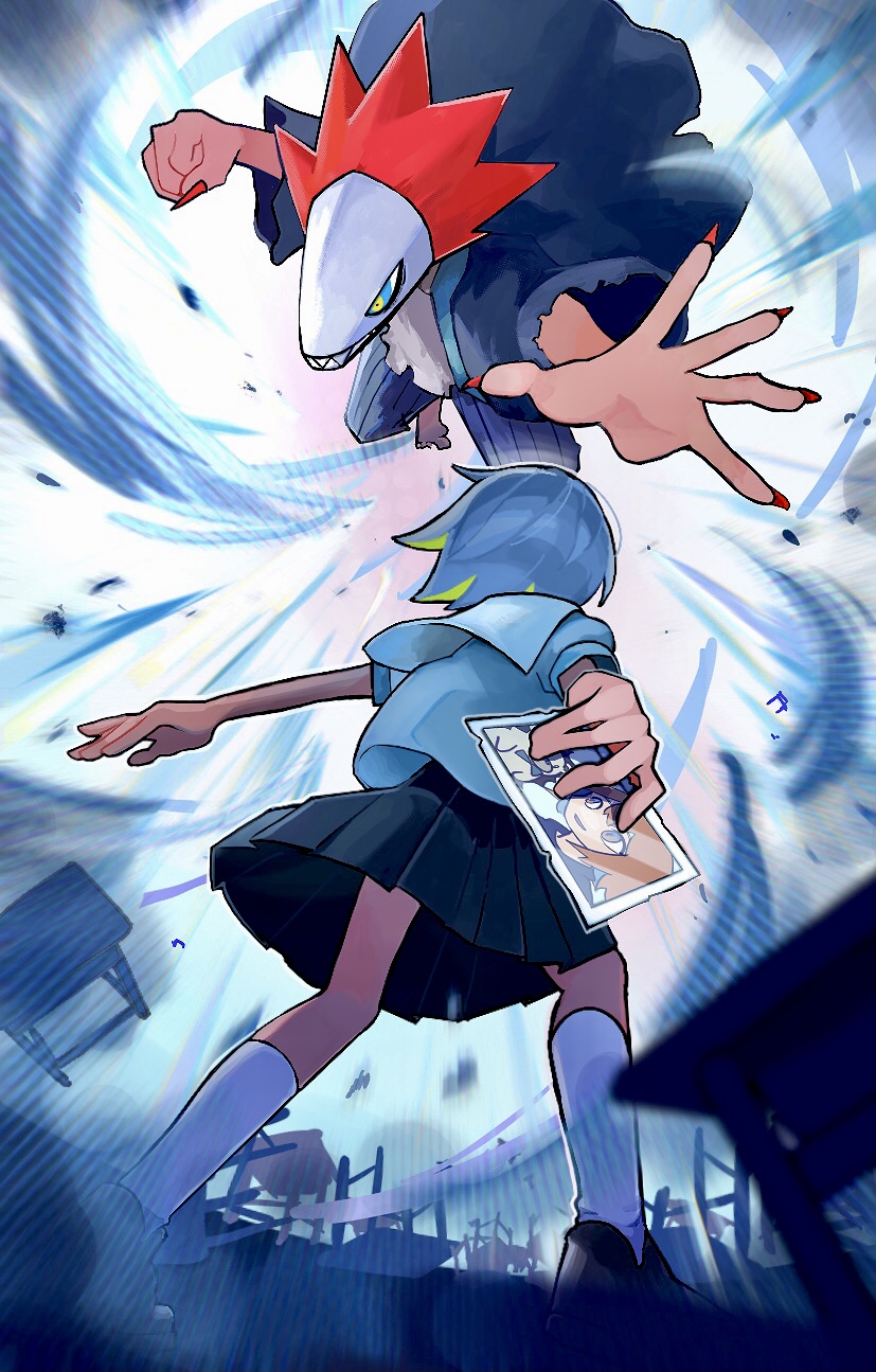 1boy, 1girl, aqua_trim, black_footwear, black_haori, black_skirt, blonde_hair, colored_inner_hair