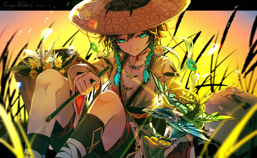 1boy, alternate_costume, androgynous, artist_name, bard, box, braid, chinese_clothes
