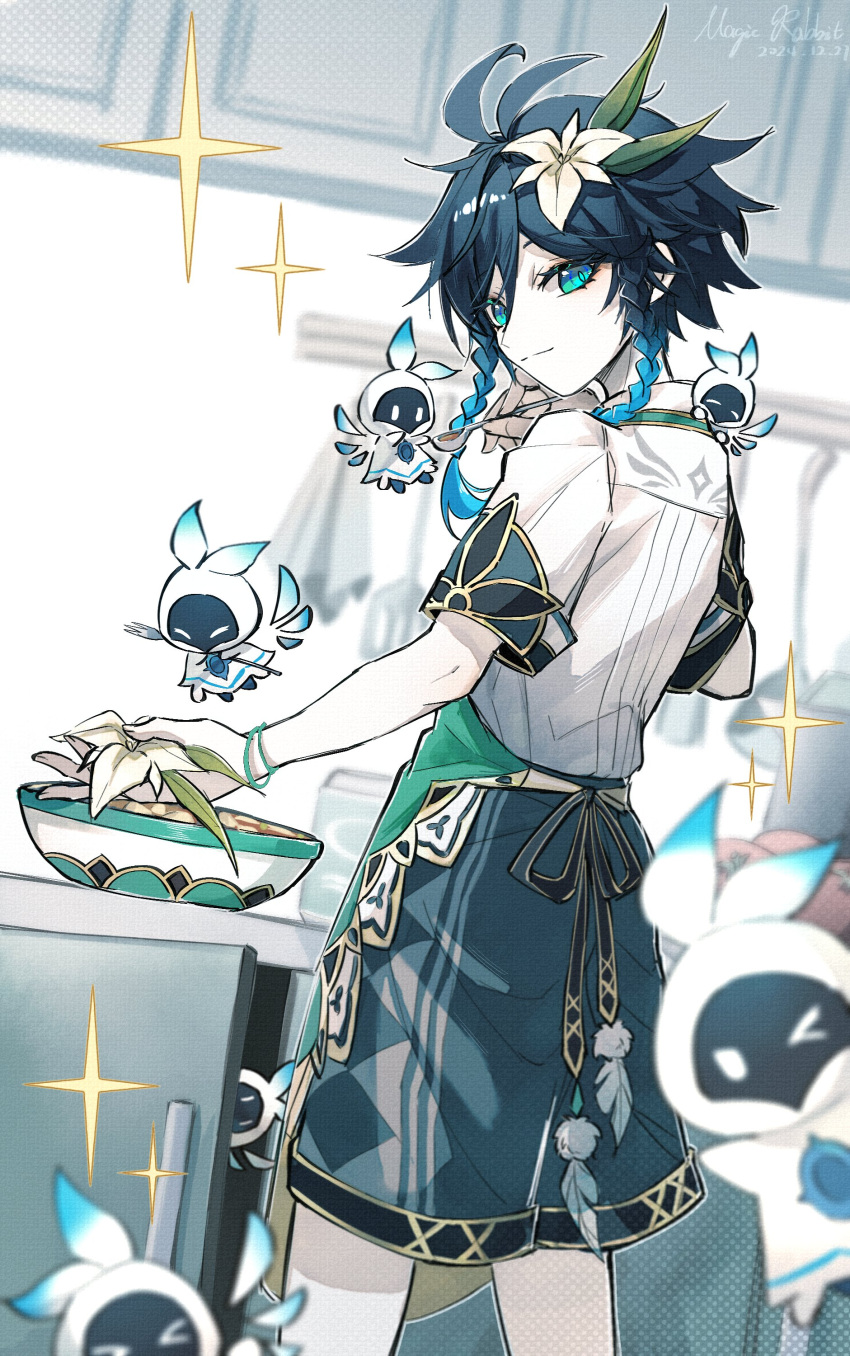 6+others, absurdres, alternate_costume, androgynous, apron, artist_name, blue_shorts, bowl, bracelet, braid, cecilia_flower_(genshin_impact), cooking, dated, feathers, flower, genshin_impact, gradient_hair, hair_flower, hair_ornament, highres, holding, holding_spoon, jewelry, kitchen, looking_at_viewer, male_focus, multicolored_hair, multiple_others, muxi297, shirt, short_hair_with_long_locks, shorts, side_braids, sparkle, spirit, spoon, twin_braids, venti_(genshin_impact), waist_apron, white_flower, white_shirt