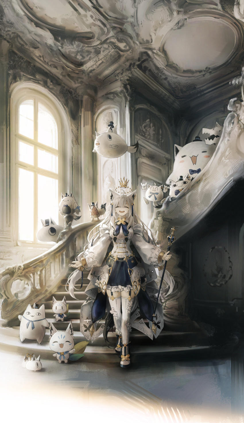 1girl, absurdres, ahoge, animal_ear_fluff, animal_ears, aqua_eyes, architecture, black_tail