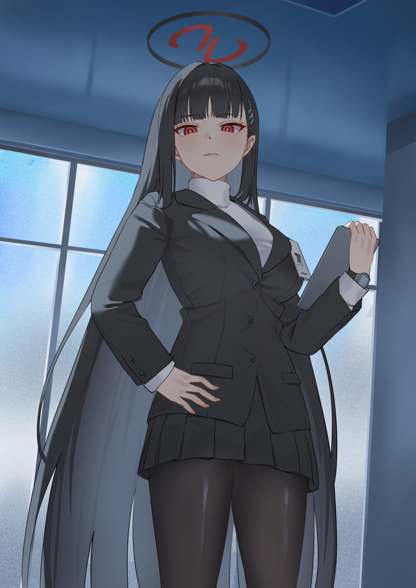 1girl, absurdres, black_hair, black_pantyhose, blazer, blue_archive, dscreation_(alan_dwi29), halo, hand_on_own_hip, highres, jacket, long_hair, looking_at_viewer, pantyhose, pleated_skirt, red_eyes, ringed_eyes, rio_(blue_archive), skirt, solo, sweater, tablet_pc, turtleneck, turtleneck_sweater, very_long_hair, watch, watch, white_sweater