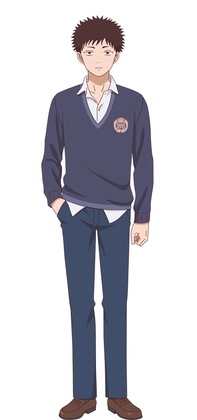 1boy, arm_at_side, black_pants, black_sweater, blank_stare, brown_eyes, brown_footwear, brown_hair, closed_mouth, collarbone, collared_shirt, dress_shirt, full_body, hand_in_pocket, highres, kuroiwa_medaka, kuroiwa_medaka_ni_watashi_no_kawaii_ga_tsuujinai, legs_apart, loafers, long_sleeves, looking_at_viewer, official_art, open_collar, pants, school_emblem, school_uniform, shirt, shirt_under_sweater, shoes, short_hair, solo, spiky_hair, standing, sweater, tachi-e, transparent_background, v-neck, very_short_hair, white_shirt