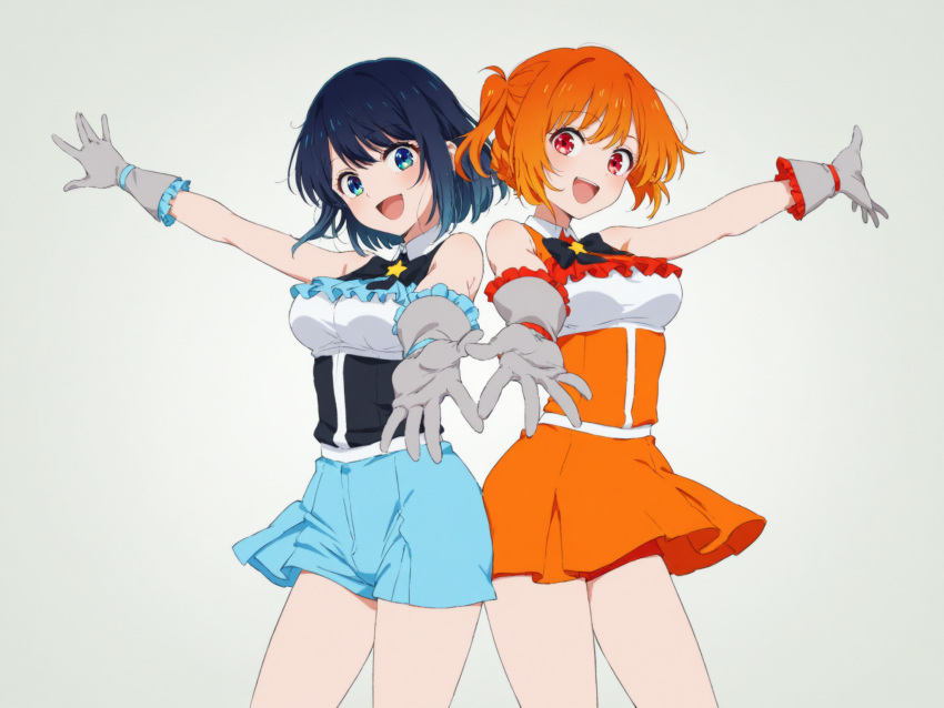 2girls, a_raku, black_hair, blue_eyes, blue_skirt, breasts, chronicle_of_myers, commission, commissioner_upload, gloves, grey_gloves, high_side_ponytail, highres, hoshino_ryoko_(chronicle_of_myers), idol, idol_clothes, jo_shin_ogi, large_breasts, multiple_girls, orange_hair, orange_skirt, original, red_eyes, side_ponytail, skirt, star_(symbol), stellus_keirich, white_background
