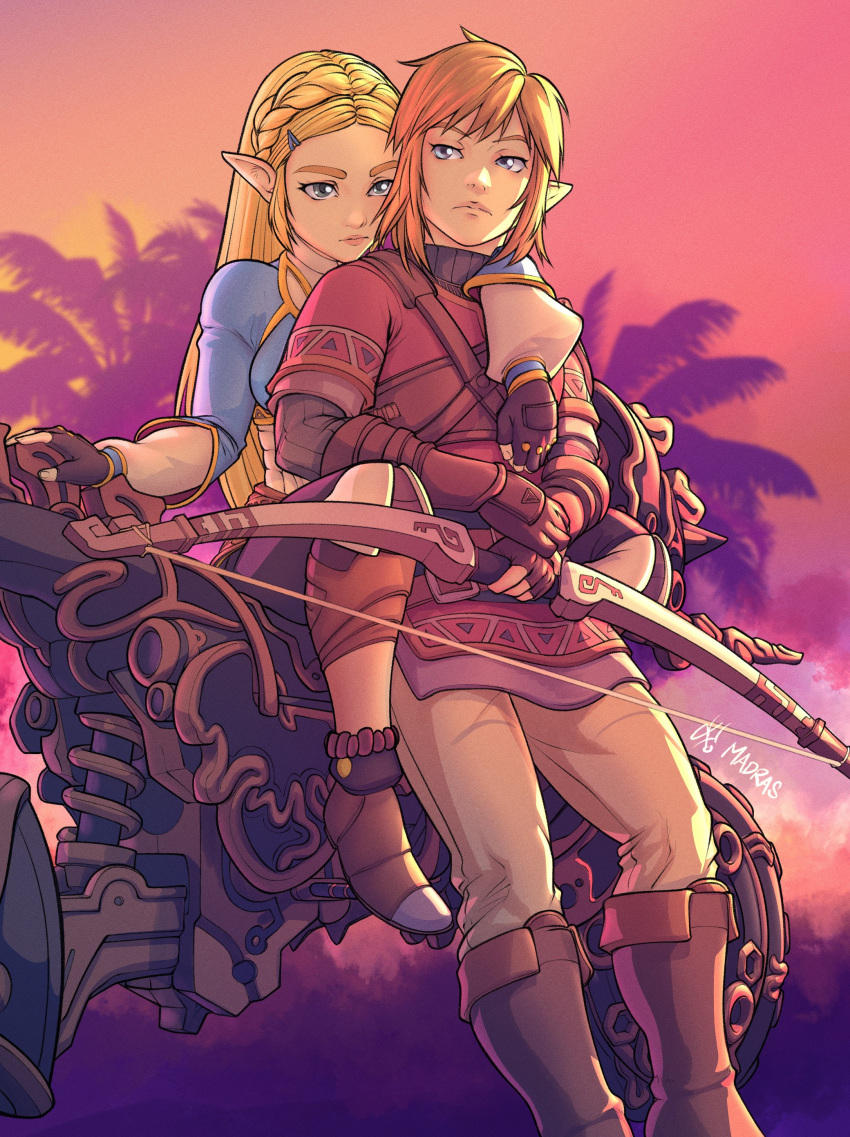 1boy, 1girl, absurdres, black_pants, blonde_hair, blue_eyes, blue_shirt, boots