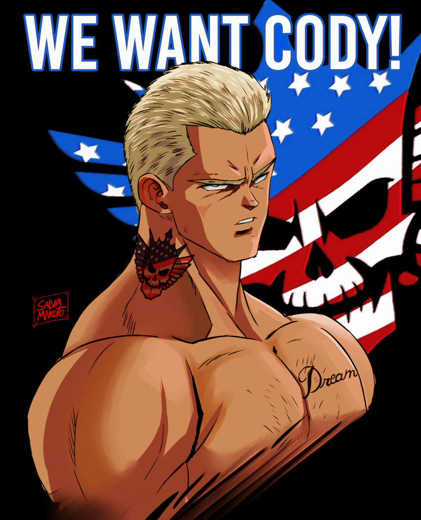 1boy, absurdres, american_flag_neckwear, blonde_hair, blue_eyes, chest_hair, chest_tattoo, cody_rhodes