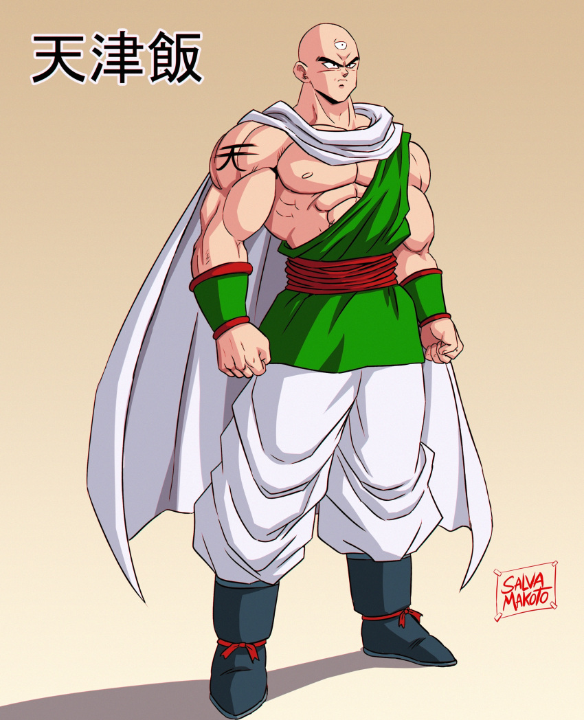 1boy, absurdres, bald, black_footwear, boots, cape, character_name, clenched_hands