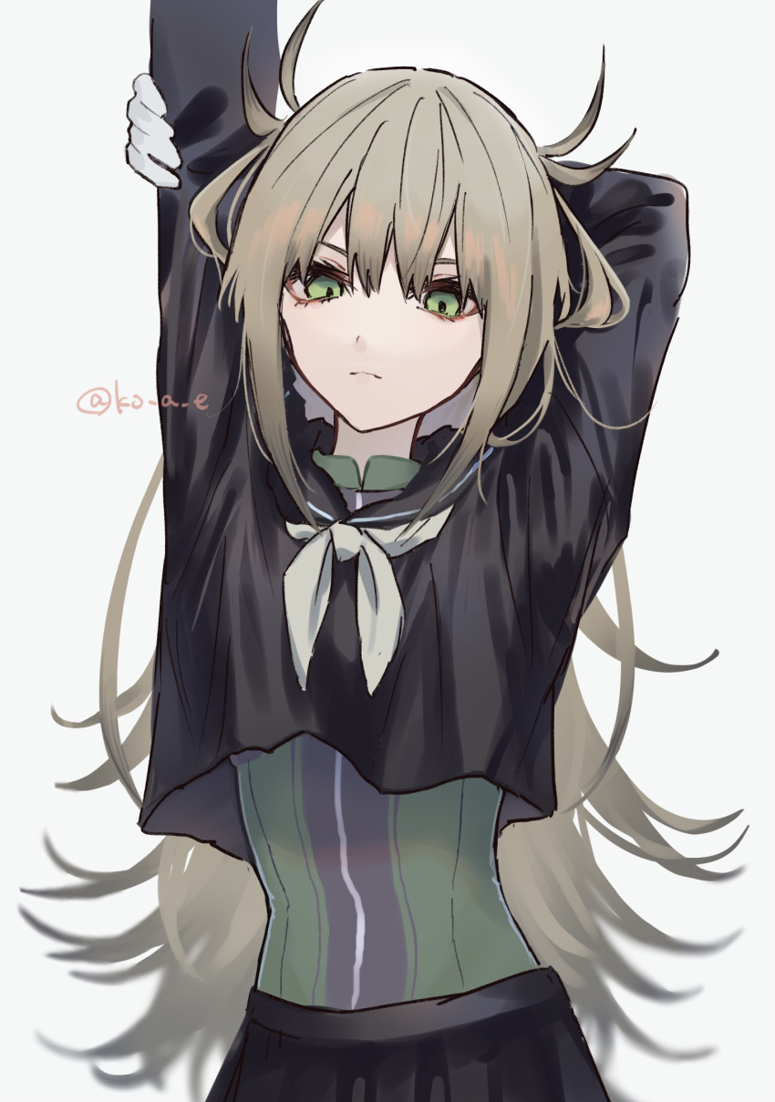 1girl, arm_up, arms_behind_head, black_serafuku, black_skirt, brown_hair, closed_mouth, green_eyes