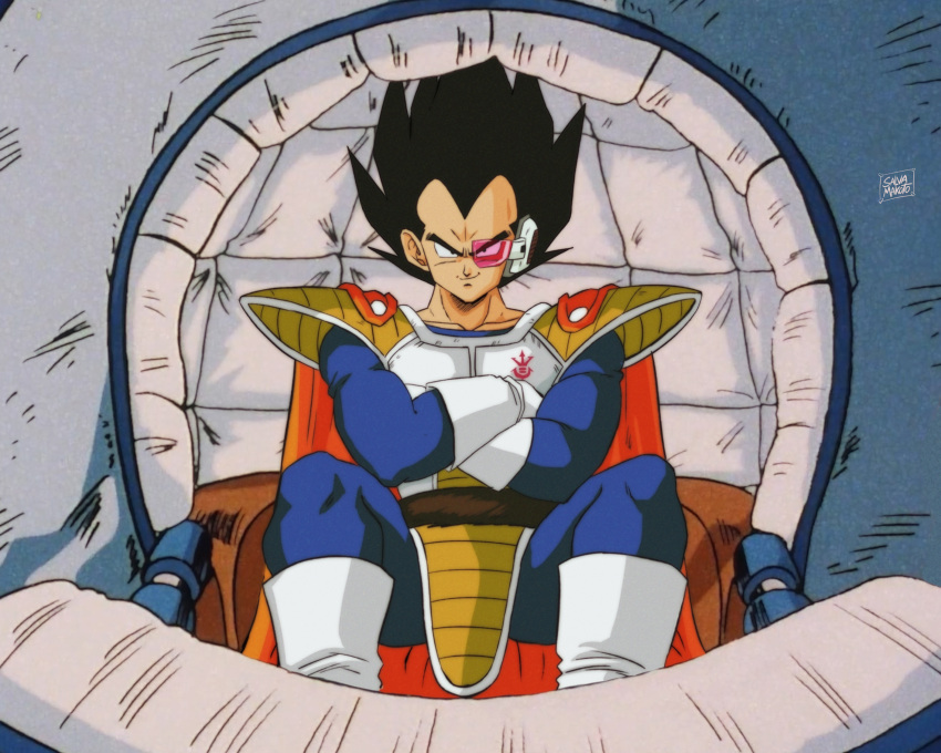 1boy, absurdres, armor, boots, cape, commentary_request, crossed_arms, dragon_ball