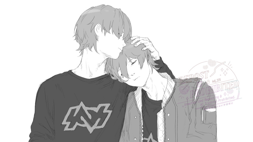 2boys, black_shirt, closed_eyes, closed_mouth, dual_persona, english_commentary, grey_hair, greyscale