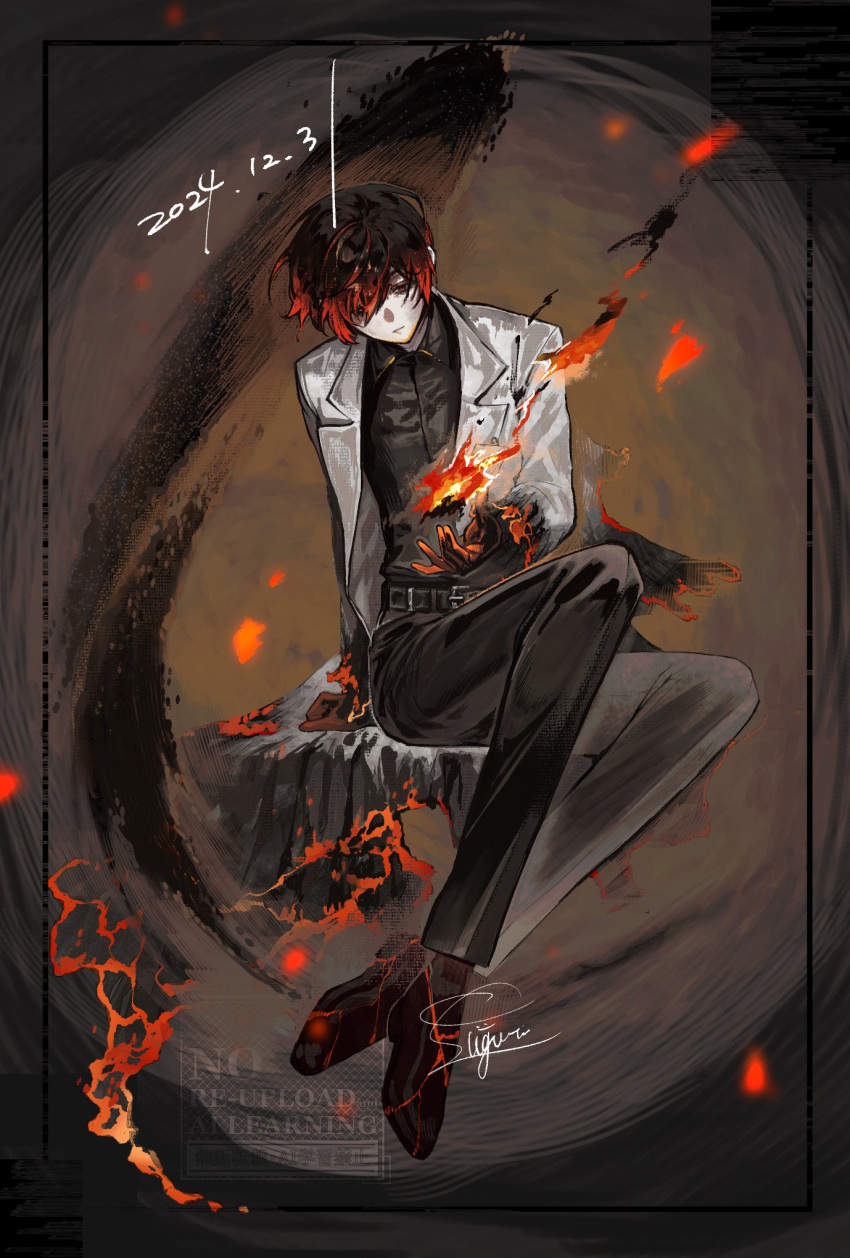 1boy, 4th_match_flame_(e.g.o), black_eyes, black_footwear, black_gloves, black_hair, black_pants, black_shirt