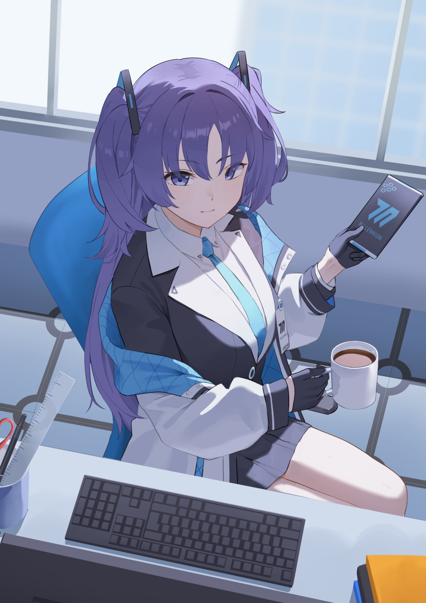 1girl, absurdres, black_gloves, black_jacket, black_skirt, blue_archive, blue_necktie, closed_mouth