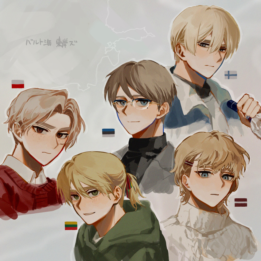 5boys, black_sweater, blonde_hair, blue_eyes, cardigan, collared_shirt, estonia_(saboten92), estonian_flag, finland_(saboten92), finnish_flag, glasses, green_hoodie, highres, hood, hoodie, latvia_(saboten92), latvian_flag, lithuania_(saboten92), lithuanian_flag, looking_at_viewer, map, mole, mole_under_eye, multiple_boys, original, personification, poland_(saboten92), polish_flag, portrait, red_cardigan, saboten92, shirt, simple_background, sweater, turtleneck, turtleneck_sweater, white_background, white_shirt, white_sweater