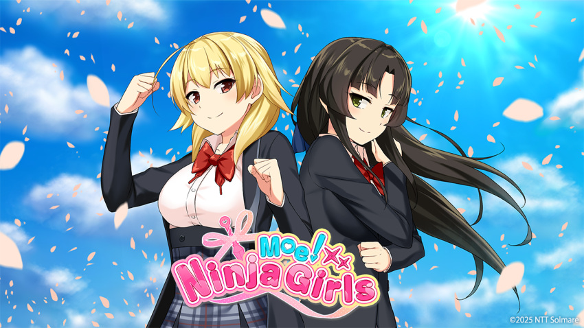2girls, black_hair, black_jacket, black_skirt, blonde_hair, blue_sky, bow, bowtie