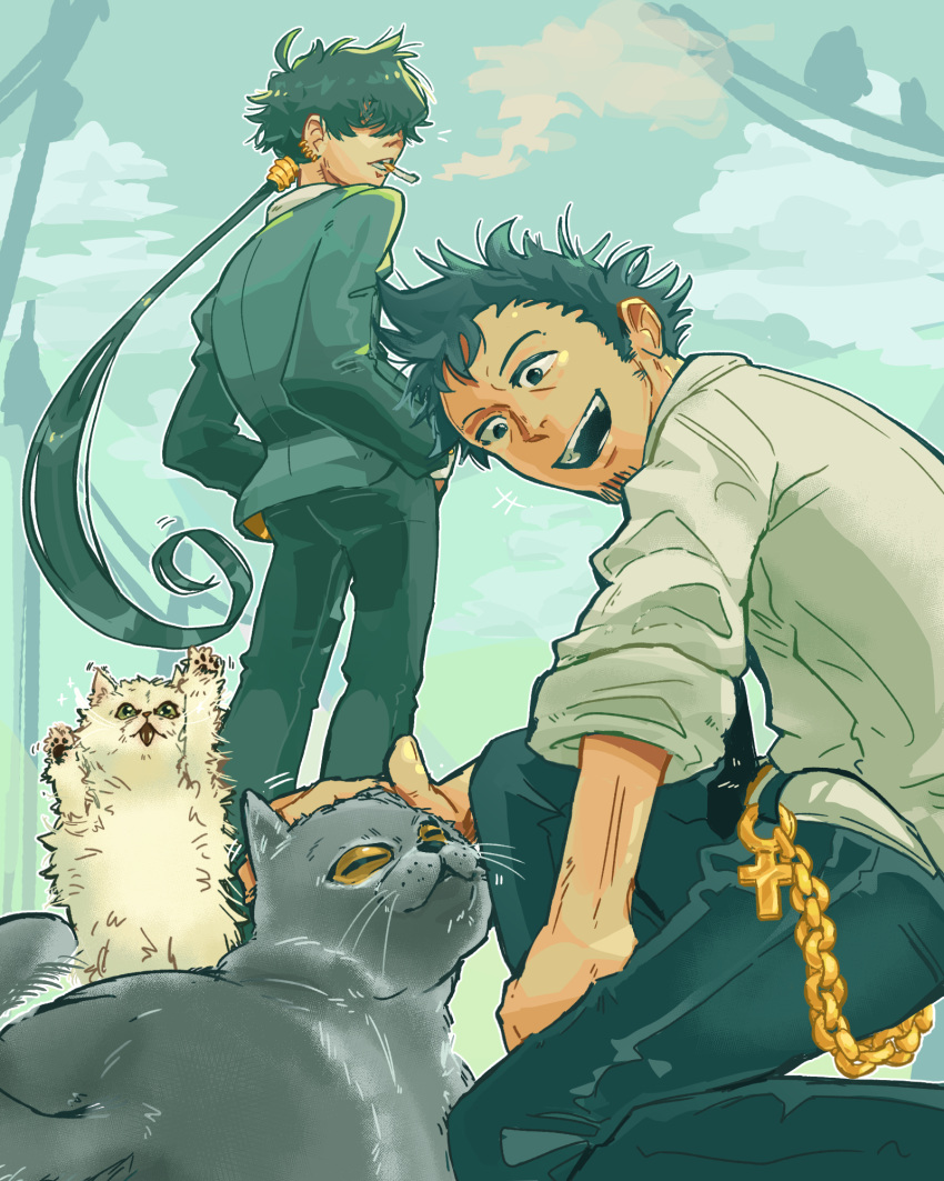 2boys, :d, beard_stubble, black_cat, black_hair, black_jacket, black_necktie, black_pants, cat, chain, cross, facial_hair, gift_art, hair_over_eyes, highres, jacket, long_sleeves, male_focus, mouth_hold, multiple_boys, necktie, outdoors, pants, ponytail, power_lines, shirt, smile, stubble, toji_shuten, ultimate_exorcist_kiyoshi, viyojo, white_cat, white_shirt, zangi_tosaka