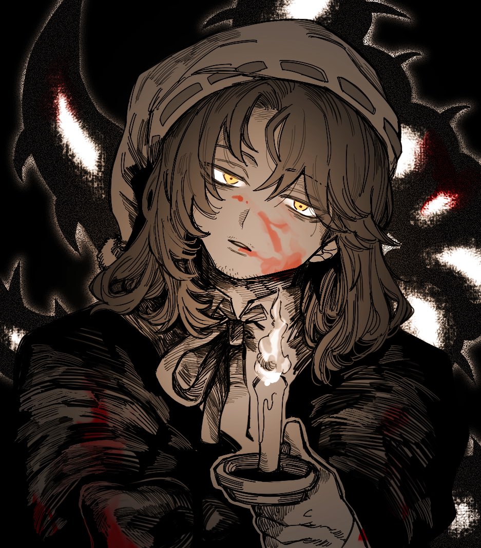 1boy, blood, blood_on_face, candle, christmas_nightmare_(e.g.o), e.g.o_(project_moon), fire, gregor_(project_moon)