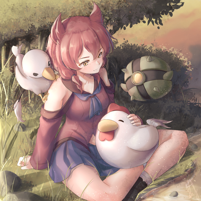 100_percent_orange_juice, 1girl, animal_ears, ascot, bare_shoulders, bird, black_footwear, blue_ascot, boots, breasts, brown_hair, bush, chicken, closed_mouth, crossed_legs, fang, grass, hair_between_eyes, hair_tie, hand_on_ground, haruo_(orange_juice), highres, jonathan_(orange_juice), light_blush, long_sleeves, looking_down, low_twintails, medium_breasts, medium_hair, on_grass, petting, robo_ball_(orange_juice), robot, rock, scenery, scorpioncard, seagull, sitting, skin_fang, skirt, tail, teotoratta_(orange_juice), tree, twintails, yellow_eyes
