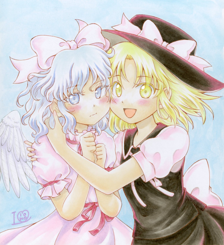 2girls, :d, angel_wings, back_bow, black_hat, black_skirt, black_vest, blonde_hair